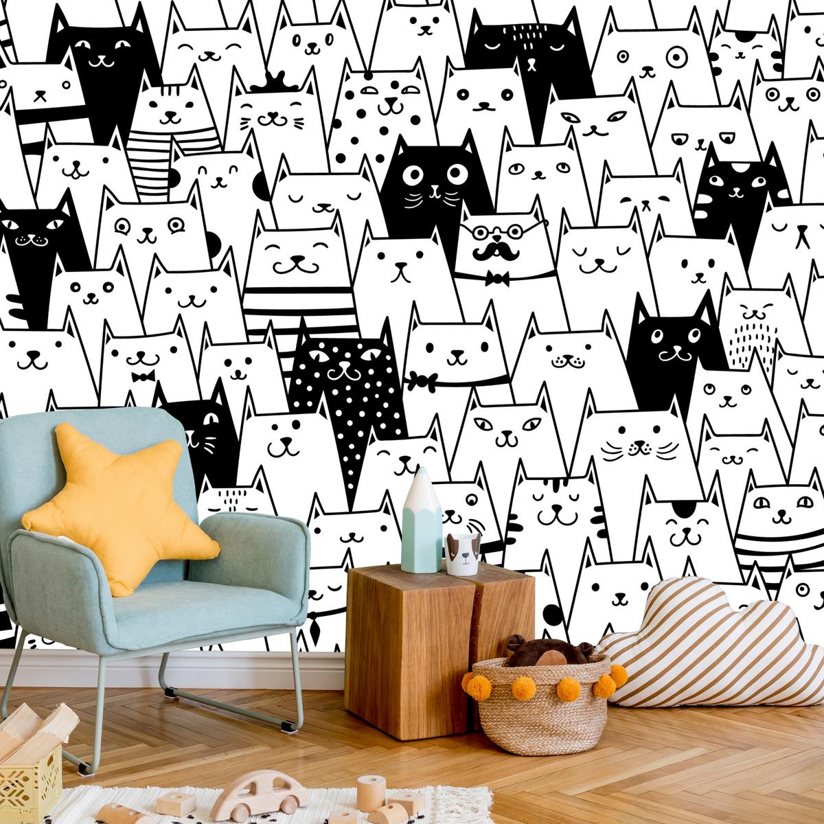 FOTOTAPETE für Kinderzimmer Schwarze Weiße Comic Katzen 100x70 - Schwarz/Weiß, Papier (100/70cm) - Muralo