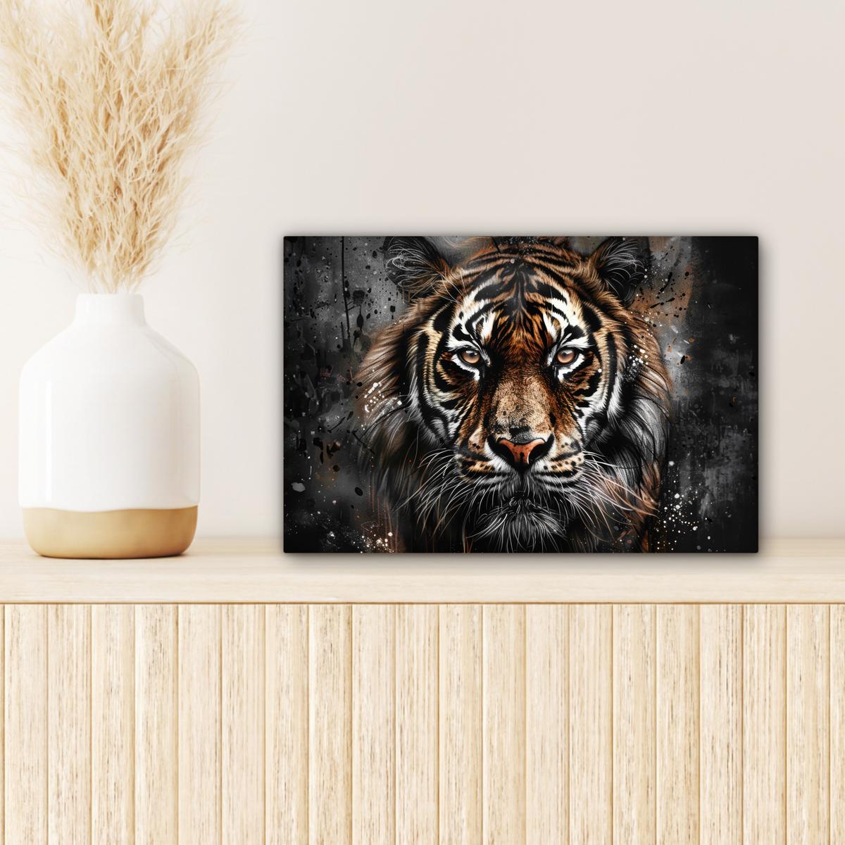 LEINWANDBILD Tiger - Tiere - Porträt - Luxus - Schwarz Deko Schlafzimmer 30x20 cm - Anthrazit, Textil (30/20cm) - MuchoWow