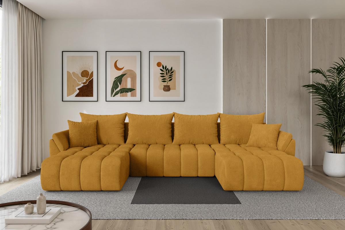 WOHNLANDSCHAFT mit Schlaffunktion und Bettkasten TOKO-U-v1 378x194x86 Senfgelb Cord - Dunkelgelb/Schwarz, Holzwerkstoff/Kunststoff (378/86/194cm) - ALTDECOR
