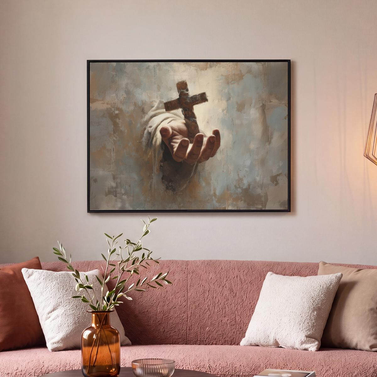 LEINWAND Bilder mit Rahmen - Abstrakt - Kreuz - Hand - Christentum - 80x60 - Hellbraun, Textil (80/60cm) - MuchoWow