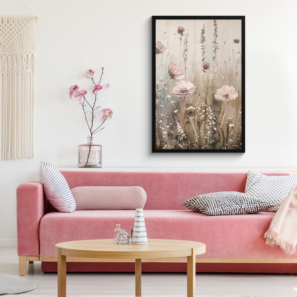 POSTER MIT RAHMENGERAHMTES BILD Blumen - Rosa - Modern - Beige 60x90 cm - Beige, Papier (60/90cm) - MuchoWow