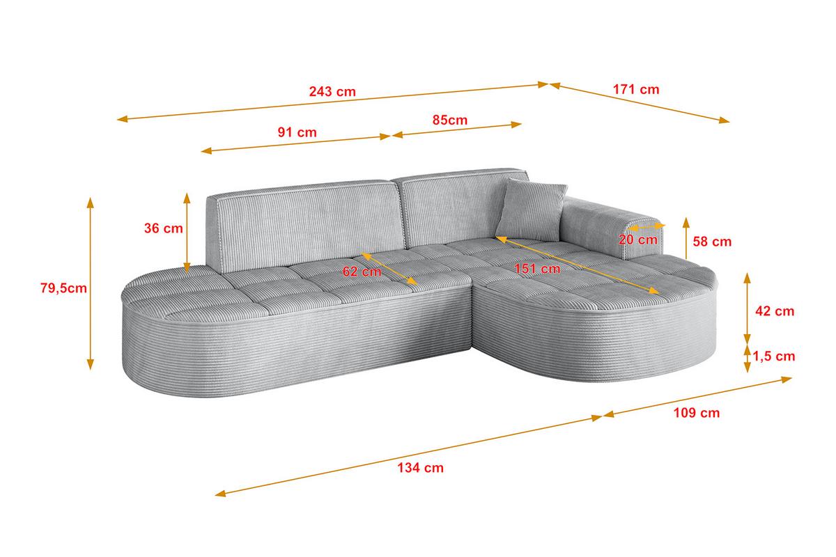 ECKSOFA Ottomane Rechts TARO-L1 - 243x171x79,5 cm Grau - Grau, Holzwerkstoff/Textil (243/171cm) - ALTDECOR