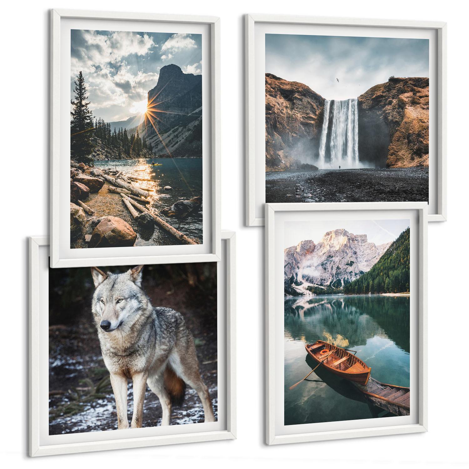 BILDER SET 4er Set - 50x50 cm & 40x60 cm Weißer Rahmen - Berge, Seen, Wasserfall, Wolf - Weiß, Kunststoff (50/50cm) - TULUP
