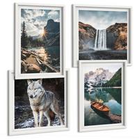 BILDER SET 4er Set - 50x50 cm & 40x60 cm Weißer Rahmen - Berge, Seen, Wasserfall, Wolf - Weiß, Kunststoff (50/50cm) - TULUP