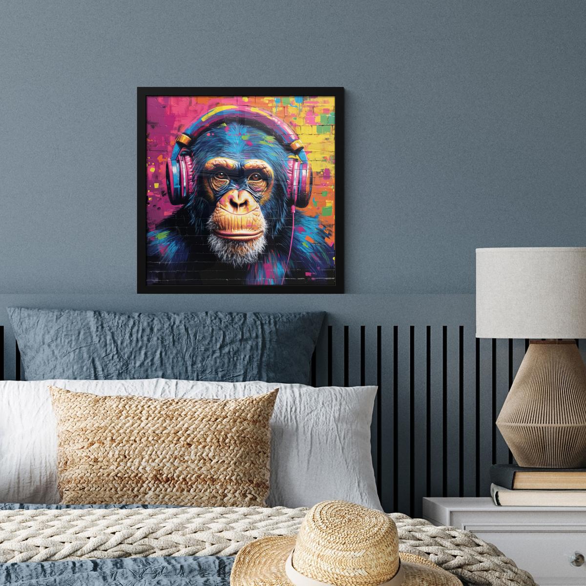 POSTER MIT RAHMENGERAHMTES BILD Graffiti - Schimpanse - Straßenkunst - Kopfhörer - Affe 40x40 cm - Blau, Papier (40/40cm) - MuchoWow