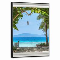 LEINWAND Bilder mit Rahmen - Aussicht - Baum - Meer - Palme - Hügel - Strand - Blau - 70x100 - Blau, Textil (70/100cm) - MuchoWow