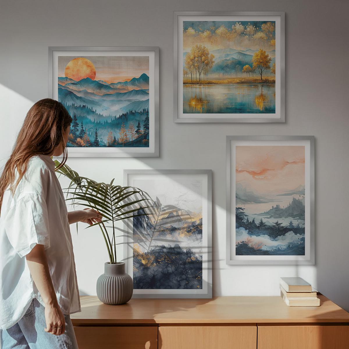 BILDER SET 4er Set - 50x50 cm & 40x60 cm Silberner Rahmen - Gemalte Abstraktionen der Natur - Silberfarben, Kunststoff (50/50cm) - TULUP