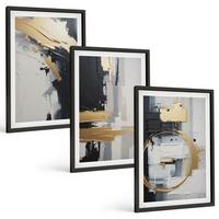 BILDER SET 3er Set - 40x60 cm Schwarzer Rahmen - Abstrakte Schwarz-Weiß-Malerei - Schwarz, Kunststoff (40/60cm) - TULUP