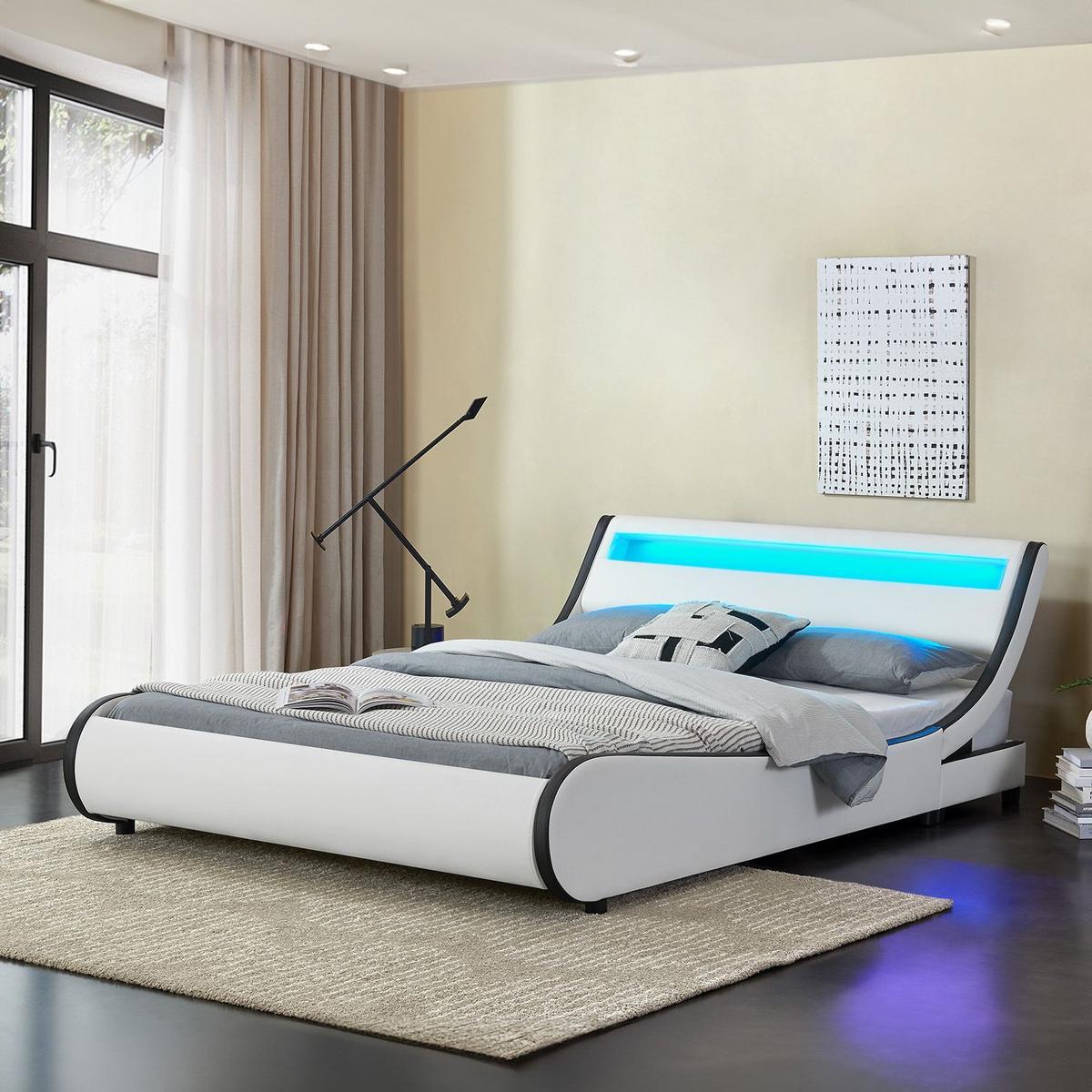 POLSTERBETT Valencia weiß 140x200cm mit Matratze und LED (16 Farben) - Weiß, Textil (140/200cm) - Juskys