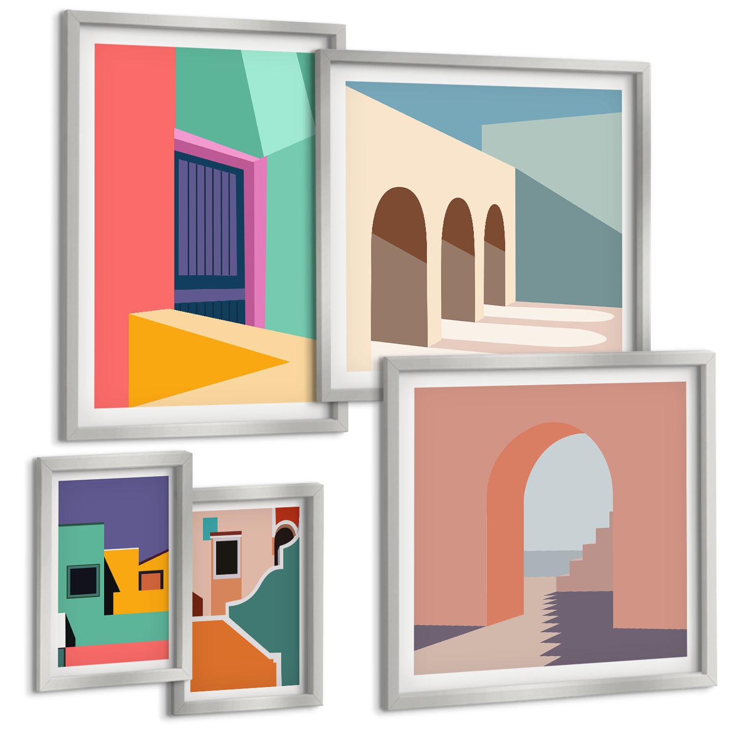 BILDER SET 5er Set - 50x50 cm & 20x30 cm & 40x60 cm Silberner Rahmen - Farbenfrohe Illustrationen der Stadt - Silberfarben, Kunststoff (40/60cm) - TULUP