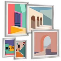 BILDER SET 5er Set - 50x50 cm & 20x30 cm & 40x60 cm Silberner Rahmen - Farbenfrohe Illustrationen der Stadt - Silberfarben, Kunststoff (40/60cm) - TULUP