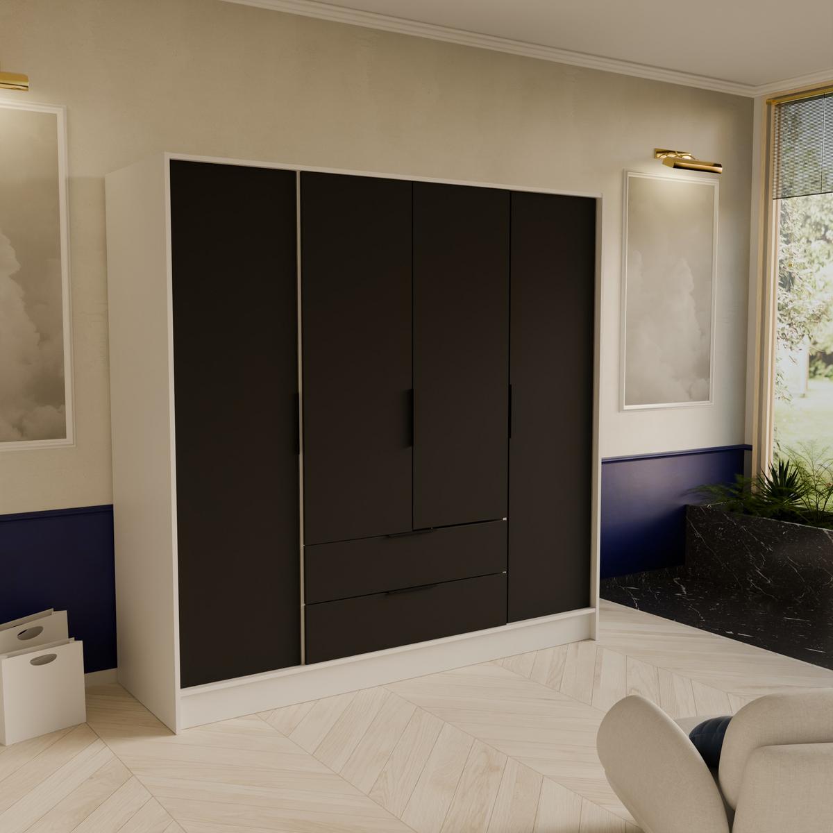 DREHTÜRENSCHRANK CAVA 200/200/51 cm Modern Kleiderschrank 4-türig Weiß - Schwarz/Weiß, Holzwerkstoff (200/200/51cm) - MASSENO