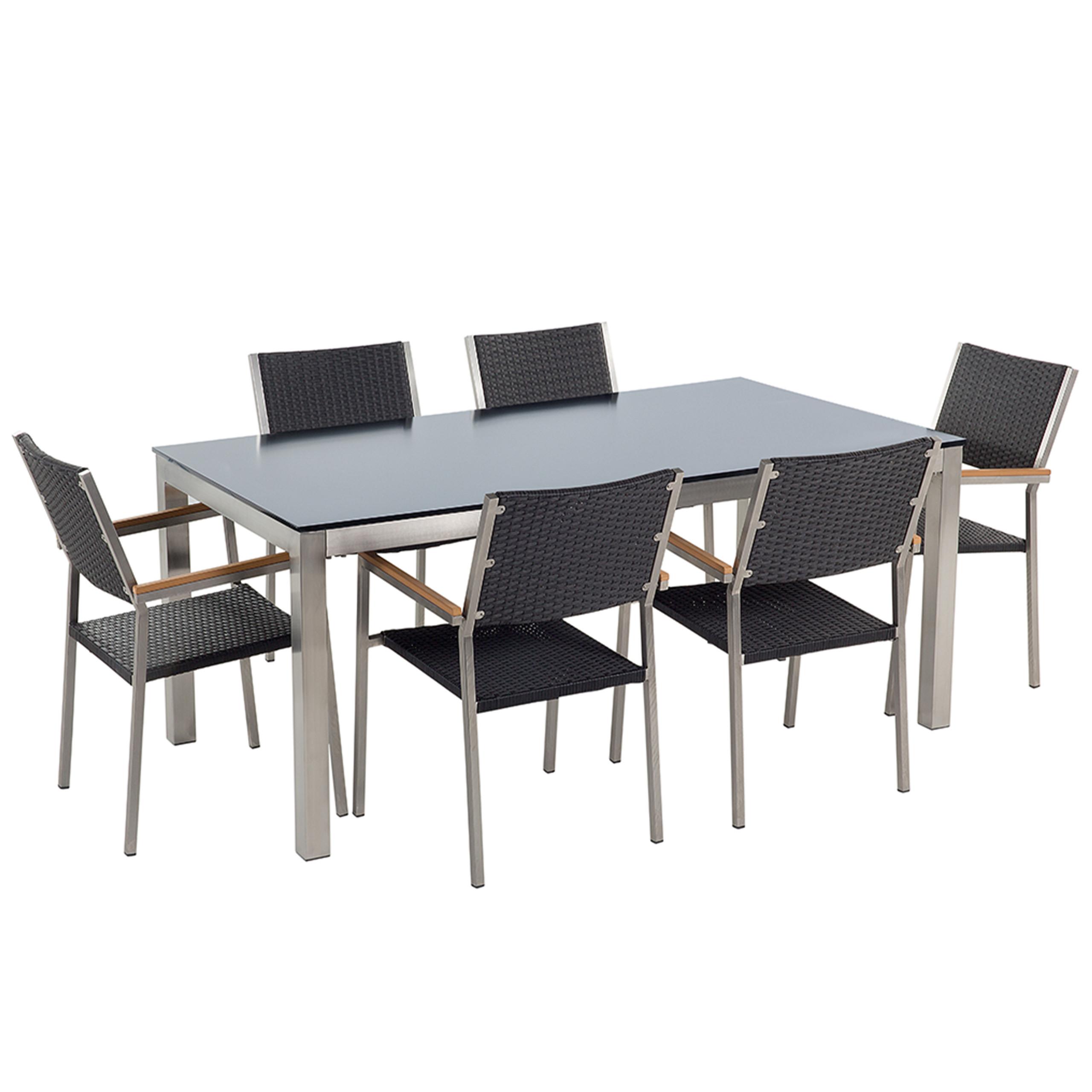 GARTENMÖBEL-SET 6-Sitzer Glasplatte Schwarz Rattan Schwarz Grosseto - Silberfarben/Schwarz, Glas - Beliani