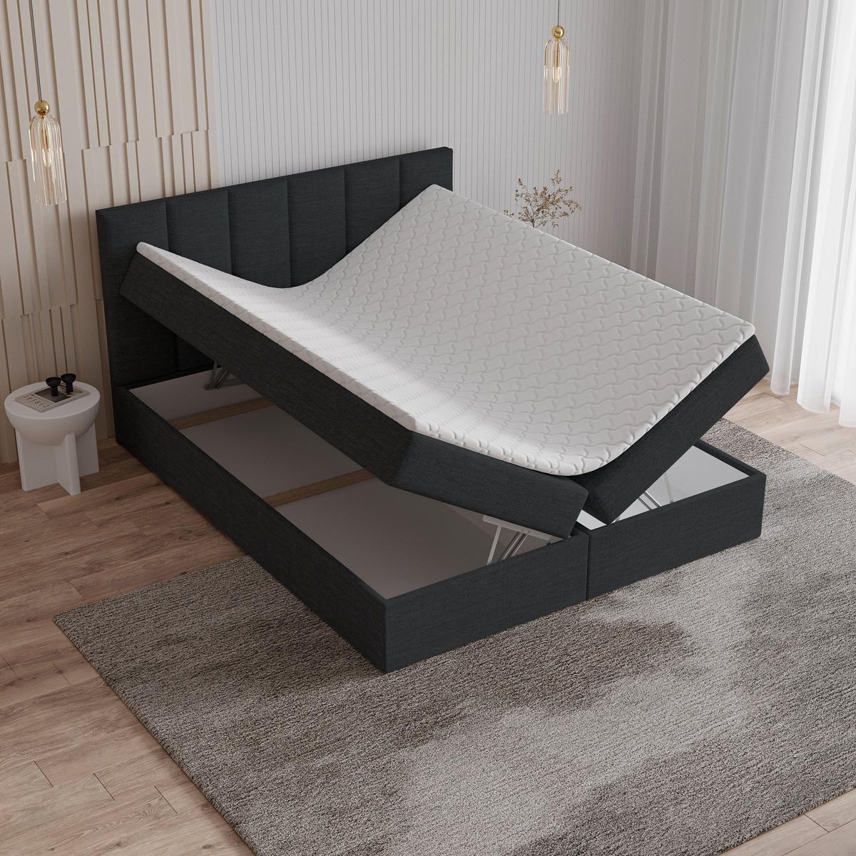 BOXBETT MERIL 160x200 cm mit Matratze und Topper - Schwarz - Anthrazit, Holz (160/200cm) - MASSENO