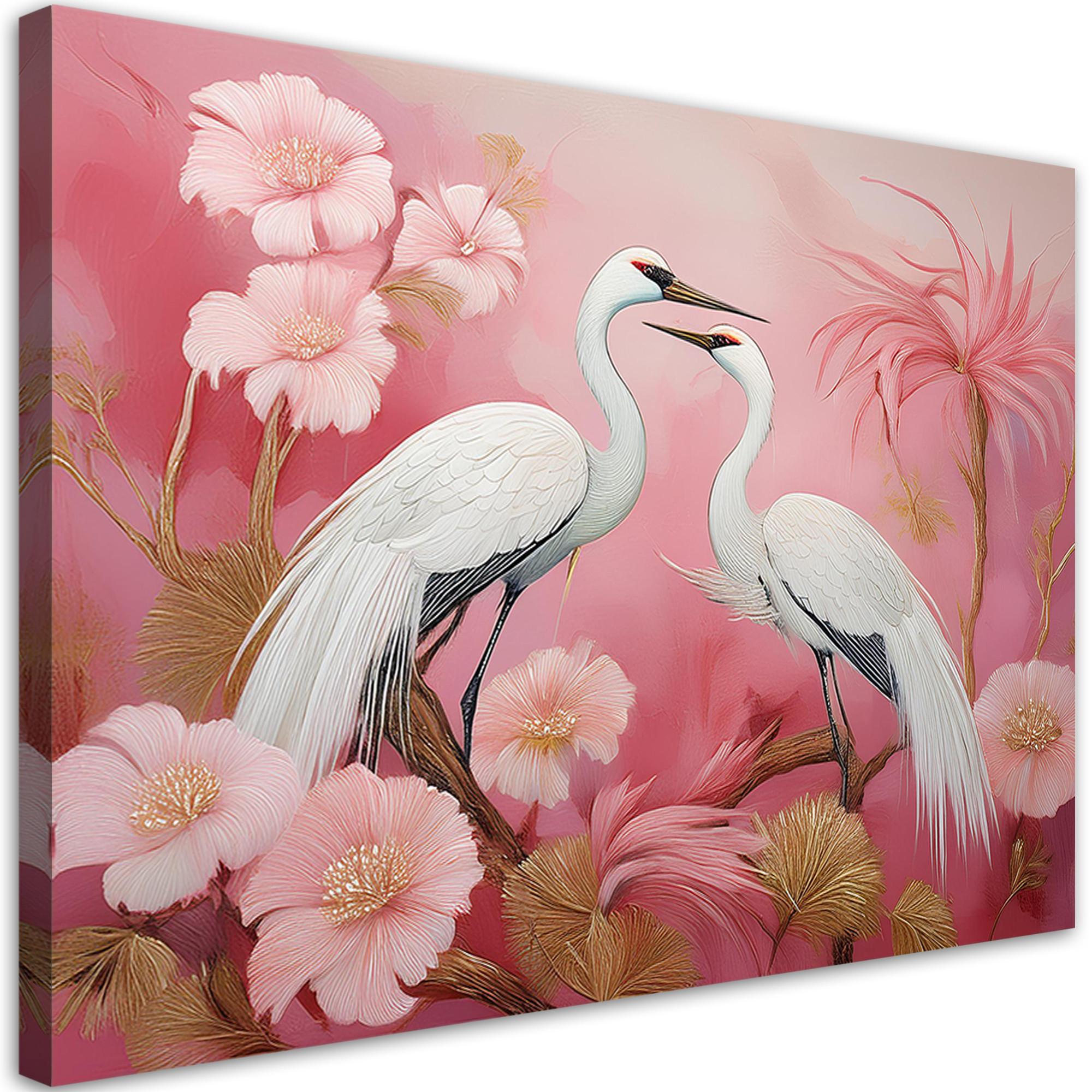 WANDBILD kraniche vögel blumen - Pink, Textil (60/40cm) - Feeby