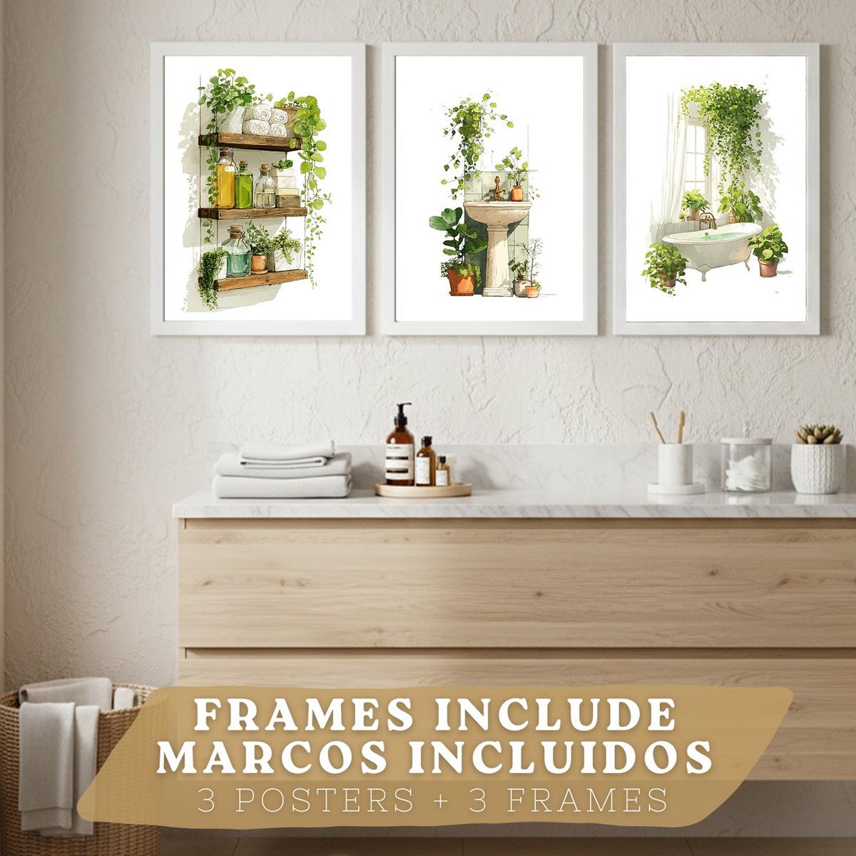 POSTER 3er-Set dekorative Badezimmerbilder, Wanddeko, im botanischen Stil, für Toilette, grüne Pflanzen Weißer Rahmen A3 - Weiß, Papier (42/29.7/3cm) - Nacnic