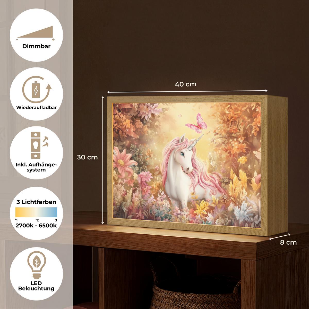 WANDLEUCHTE MIT AKKU Einhorn - Blumen - Schmetterling - Rosa 40x30 cm - Beige, Holzwerkstoff (40/30/8cm) - OnlyWow