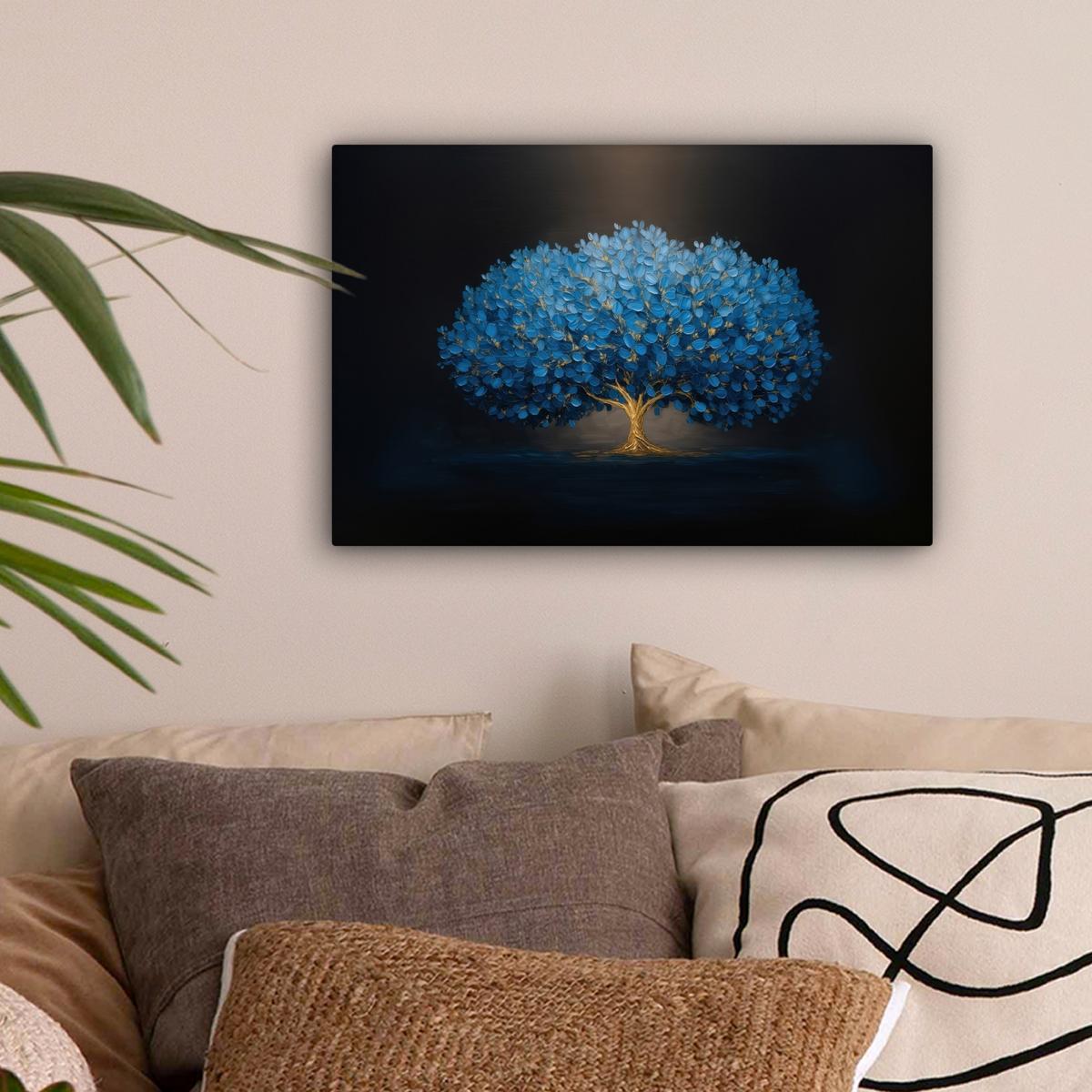 LEINWANDBILD Baum - Blau - Blätter - Pinselstriche Deko Schlafzimmer 30x20 cm - Blau, Textil (30/20cm) - MuchoWow