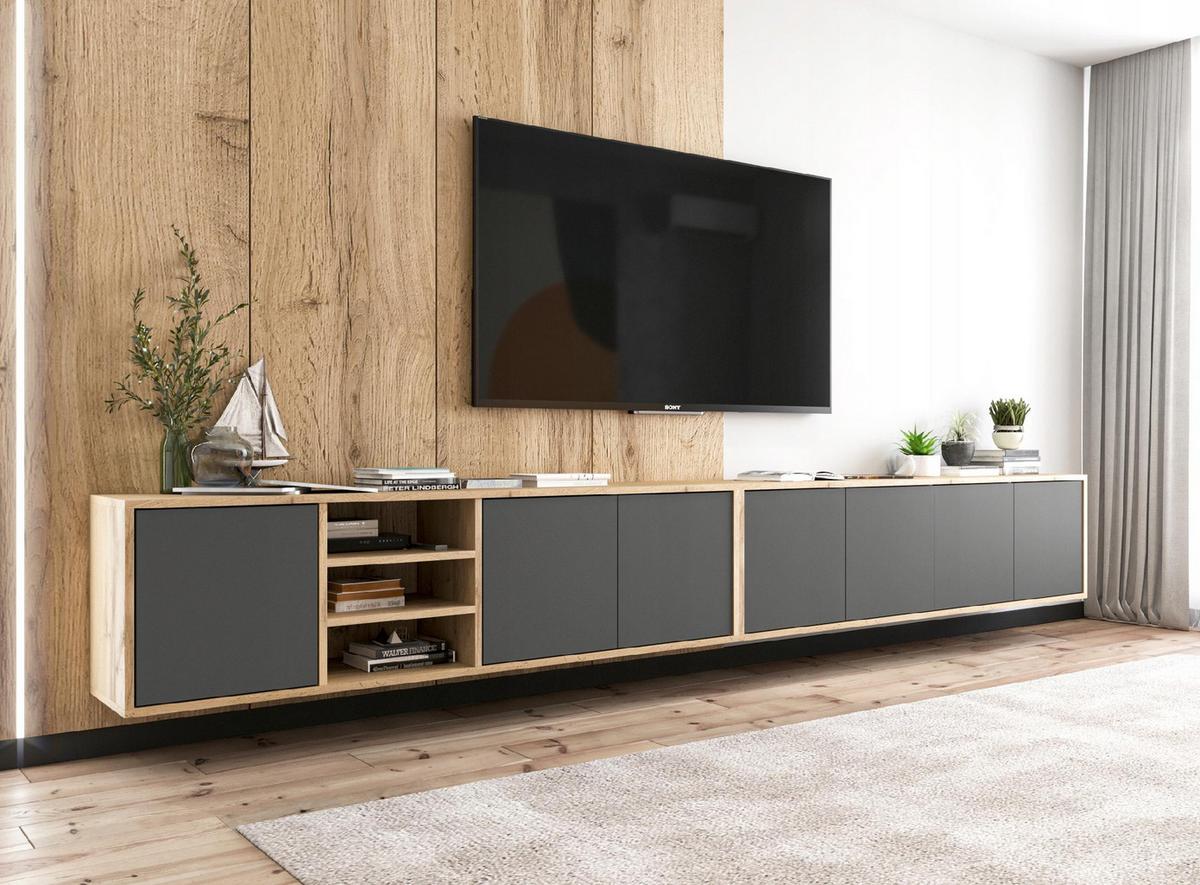 TV-LOWBOARD 2-er Set Apollo Eiche wotan Graphit Matt 150 cm - Graphitfarben, Holzwerkstoff (300/39/35cm) - Meble Lindner