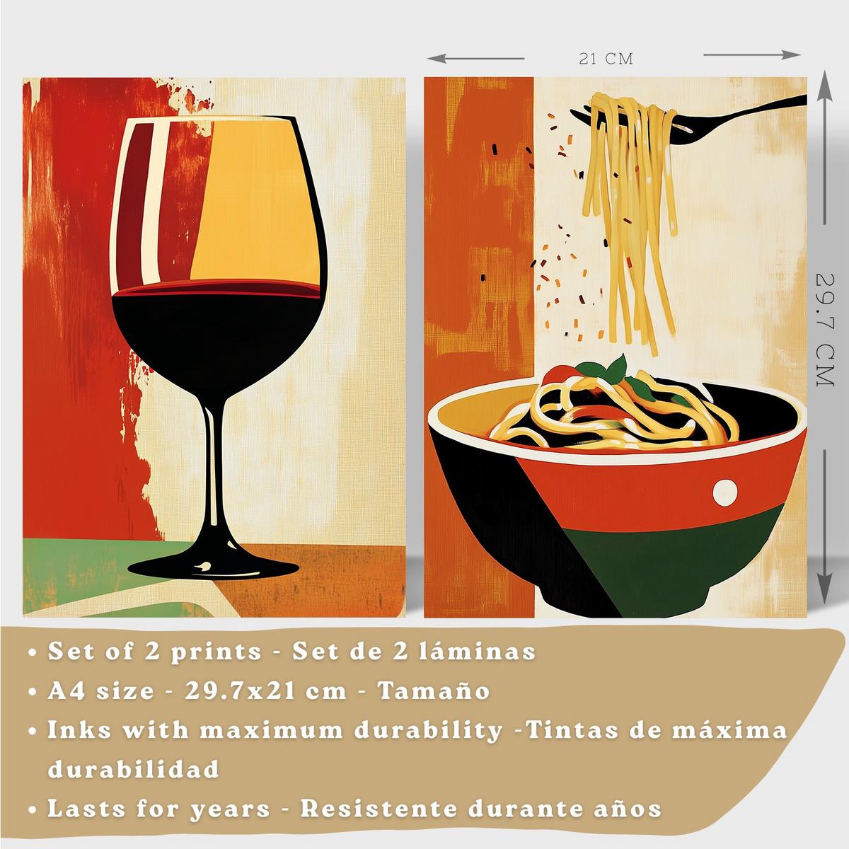 POSTER 2er Set Küchen-Wandbilder Rotwein und Pasta Vintage Retro Esszimmer Wanddeko Rahmenlos A4 - Schwarz, Papier (29.7/1/21cm) - Nacnic