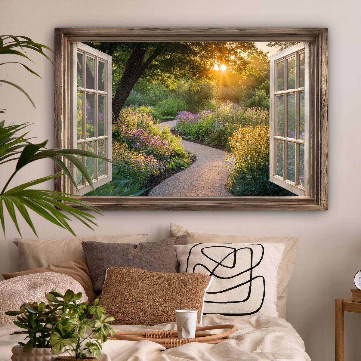 LEINWANDBILD Aussicht - Blumen - Natur - Sonne - Weg Wohnzimmer Groß 120x80 cm - Hellgelb, Textil (120/80cm) - MuchoWow