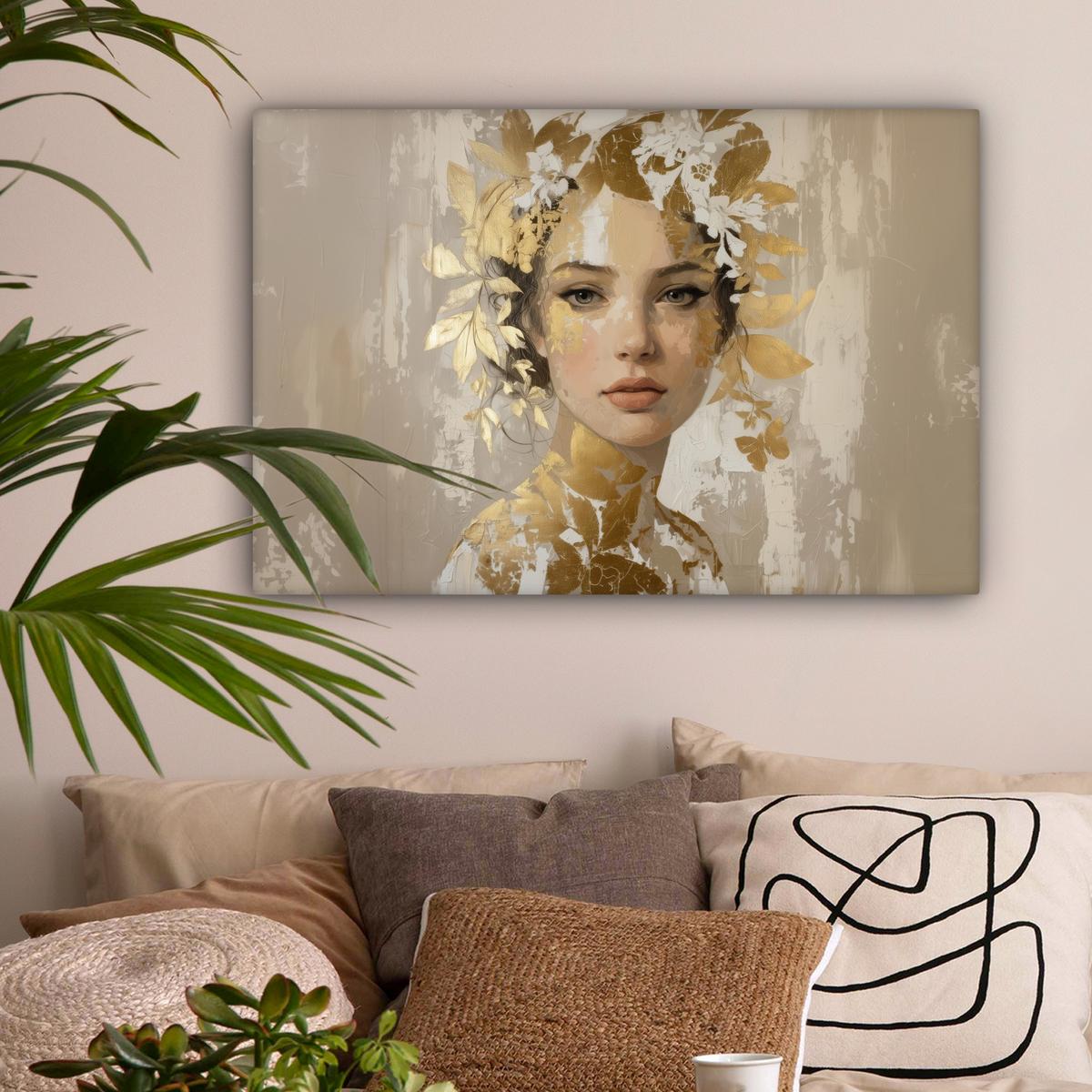 LEINWANDBILD Gesicht - Frau - Blätter - Gold Gemälde 60x40 cm - Beige, Textil (60/40cm) - MuchoWow