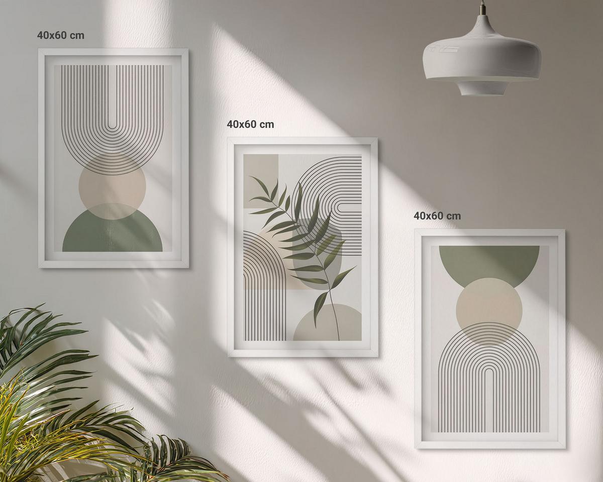 BILDER SET 3er Set - 40x60 cm Weißer Rahmen - Abstrakte Formen mit Grün - Weiß, Kunststoff (40/60cm) - TULUP