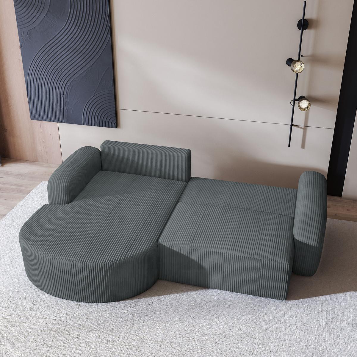 ECKSOFA AMILIA P L-S Grau Kordstoff mit Schlaffunktion - Grau, Holz (263/174cm) - MASSENO