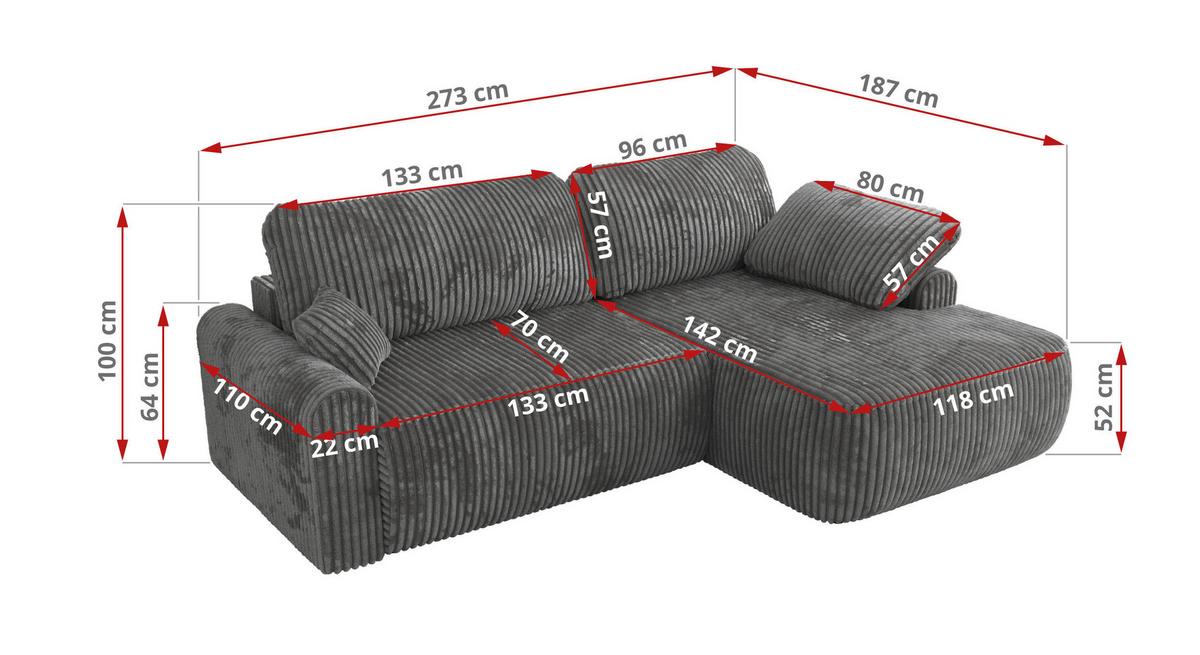 ECKSCHLAFSOFA CUBO L Dunkelgrau Cord - links - Dunkelgrau/Schwarz, Kunststoff/Textil (273/187cm) - MKS