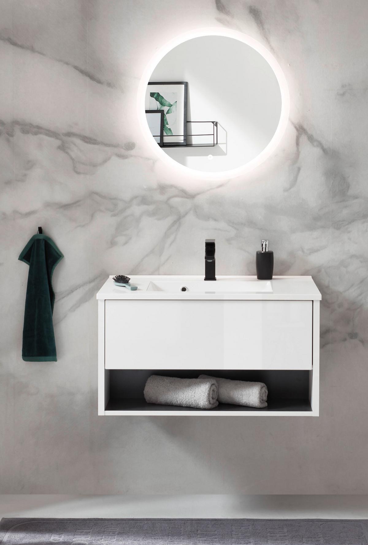 BADMÖBEL-SET weiß Hochglanz, grau, Kombination mit Waschbecken und LED Beleuchtung 80 cm - Weiß Hochglanz/Grau, Glas/Holzwerkstoff (80/190/47cm) - Furn.Design