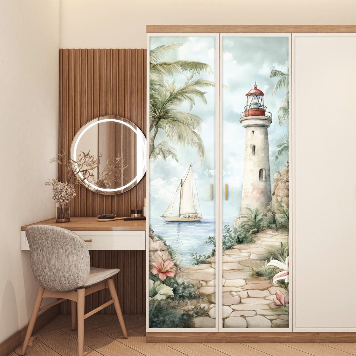 TÜRAUFKLEBER Leuchtturm - Natur - Landschaft - Boot 90x215 cm - Türtapete - Eichefarben, Kunststoff (90/0.1cm) - MuchoWow