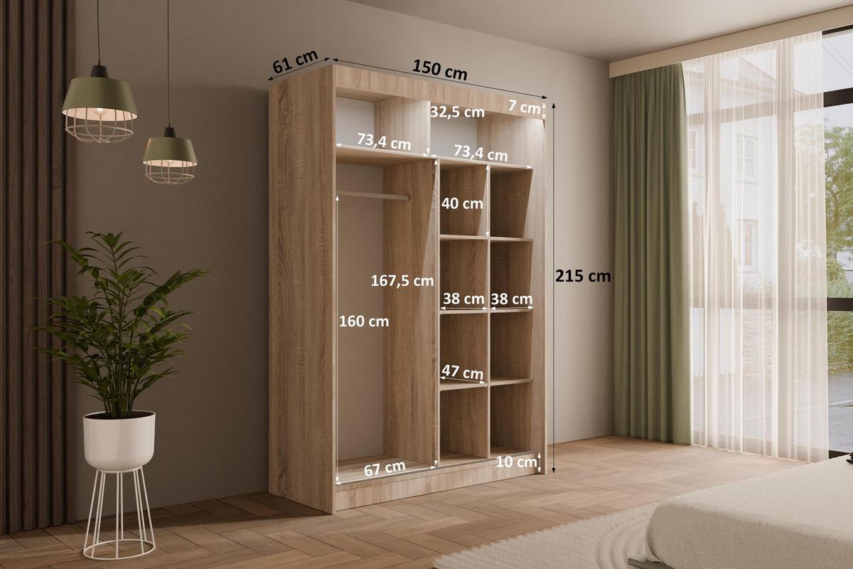 KLEIDERSCHRANK PAOKI mit LED - 150 cm - Sonoma Eiche - Sonoma Eiche, Holzwerkstoff (150/215/61cm) - ALTDECOR