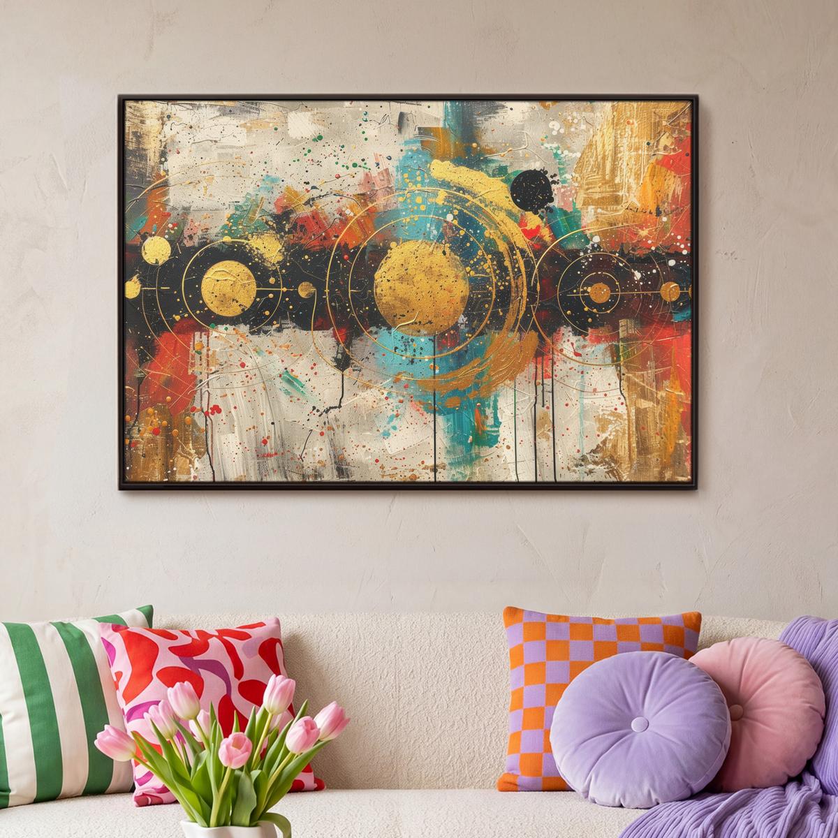 LEINWAND Bilder mit Rahmen - Abstrakt - Kunst - Gold - Modern - 90x60 - Multicolor, Textil (90/60cm) - MuchoWow
