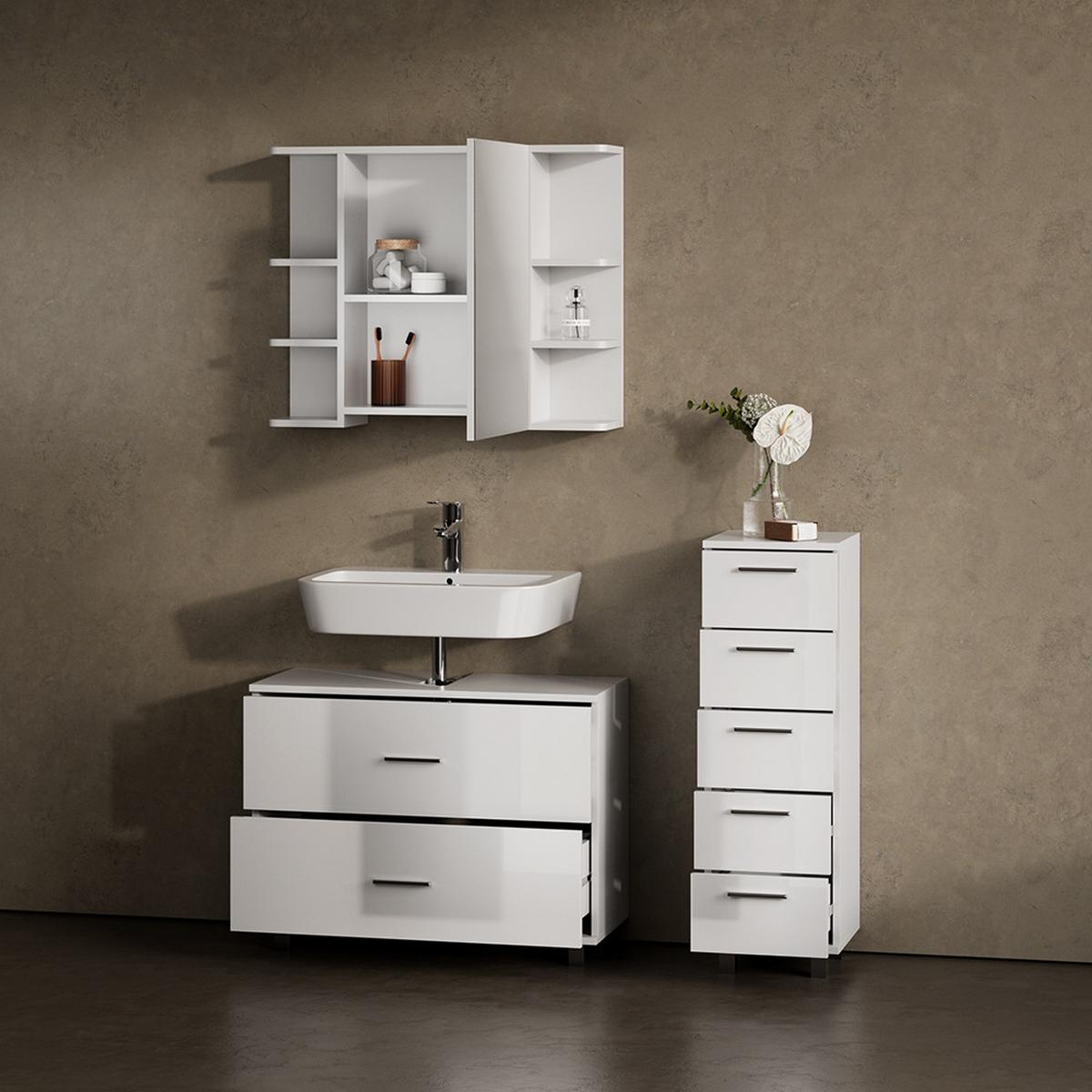BADMÖBEL-SET Eisak Weiß Hochglanz 3 Teile, mit Unterschrank 80 cm - Weiß Hochglanz, Holzwerkstoff (80/60/33cm) - Livinity®