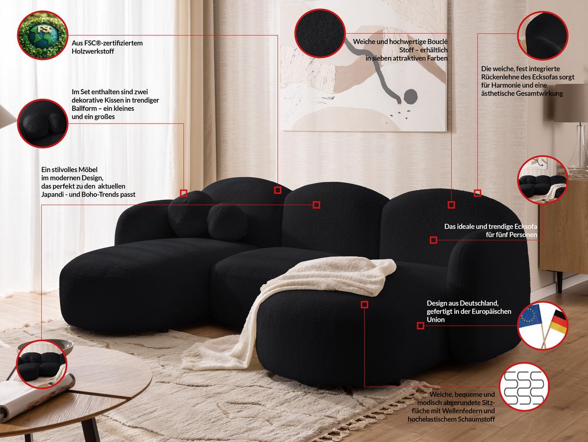 WOHNLANDSCHAFT Nuvola mit abgerundetem Design Schwarz Bouclé-Stoff - Schwarz, Holz/Kunststoff (268/80/146cm) - S-Style