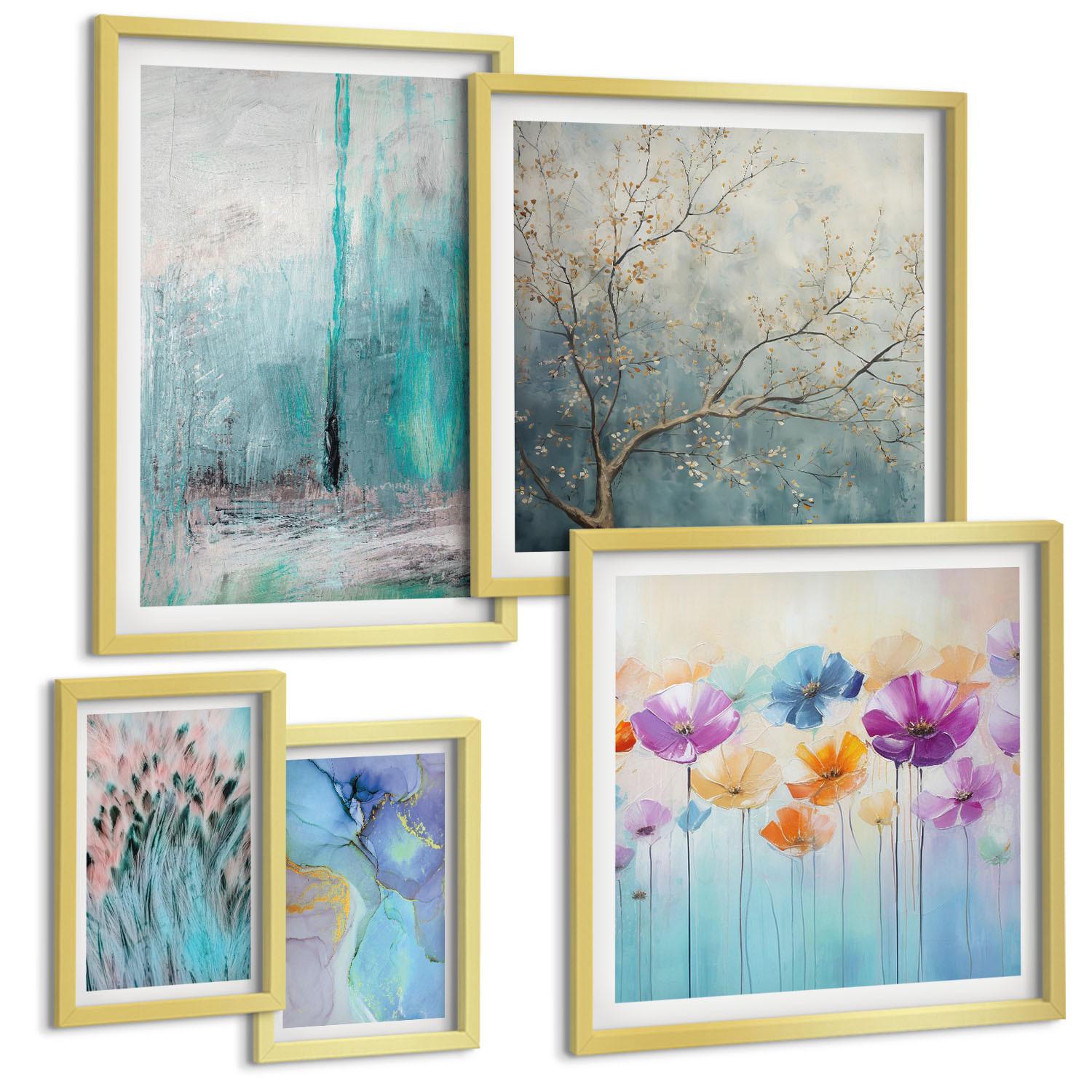 BILDER SET 5er Set - 50x50 cm & 20x30 cm & 40x60 cm Goldrahmen - Leuchtturm, Landschaft, Mädchen, Pferd - Goldfarben, Kunststoff (40/60cm) - TULUP
