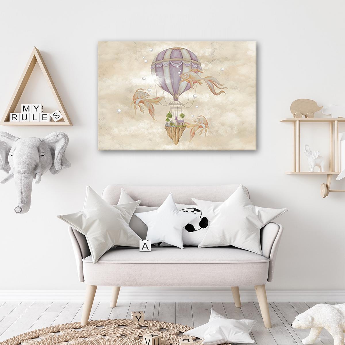 WANDBILD heißluftballon fliegendes haus und fisch - Beige, Textil (60/40cm) - Feeby