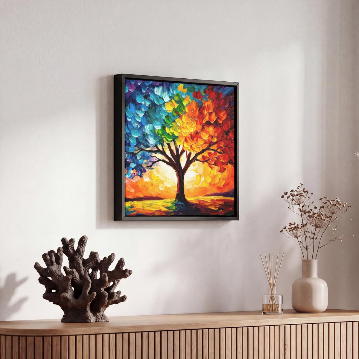 LEINWAND Bilder mit Rahmen - Baum - Kunst - Natur - Sonnenuntergang - 20x20 - Multicolor, Textil (20/20cm) - MuchoWow
