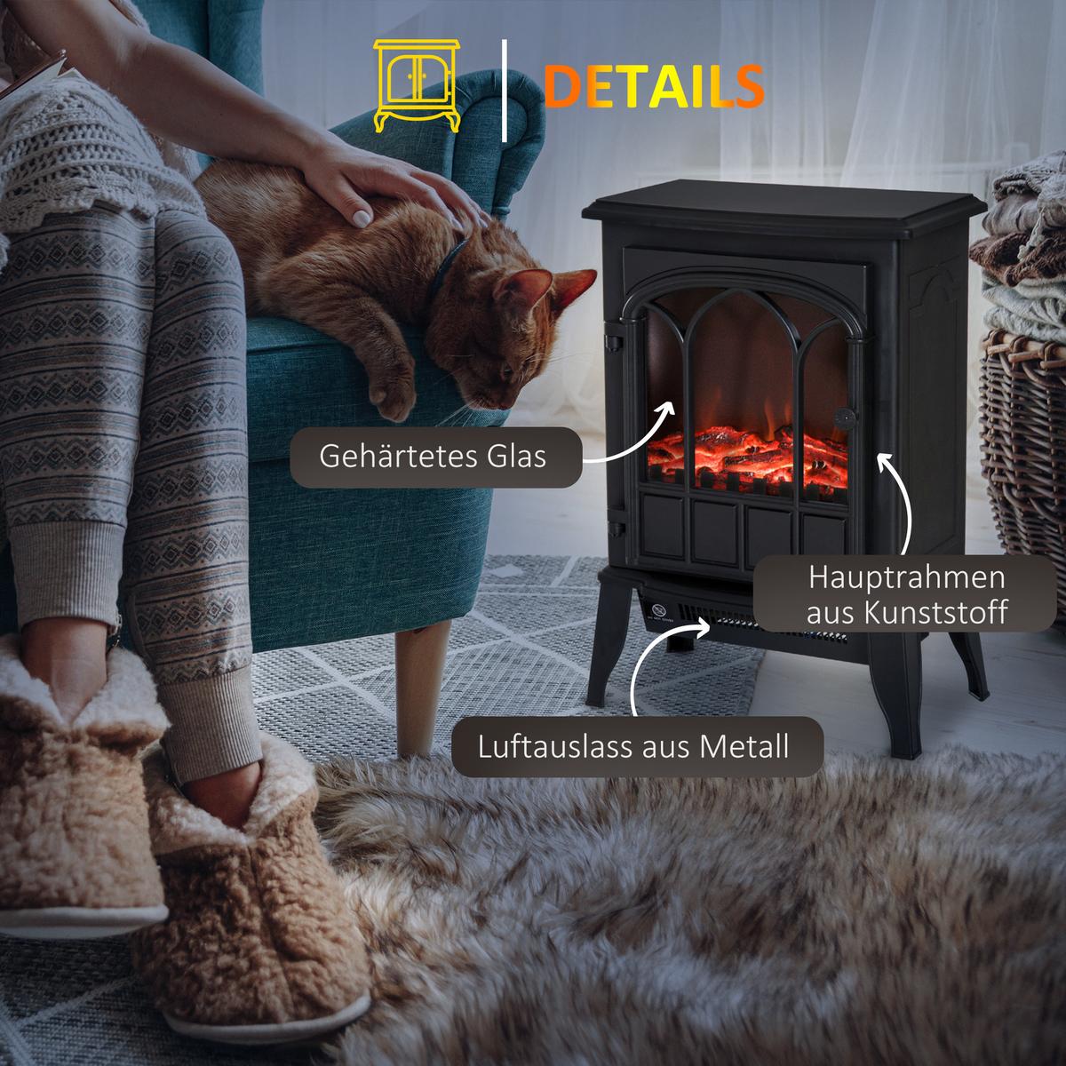 ELEKTROKAMIN mit LED-Flammeneffekt, 2000W Kaminofen, Metall, Schwarz - Schwarz, Metall (23/56.5/39cm) - HOMCOM