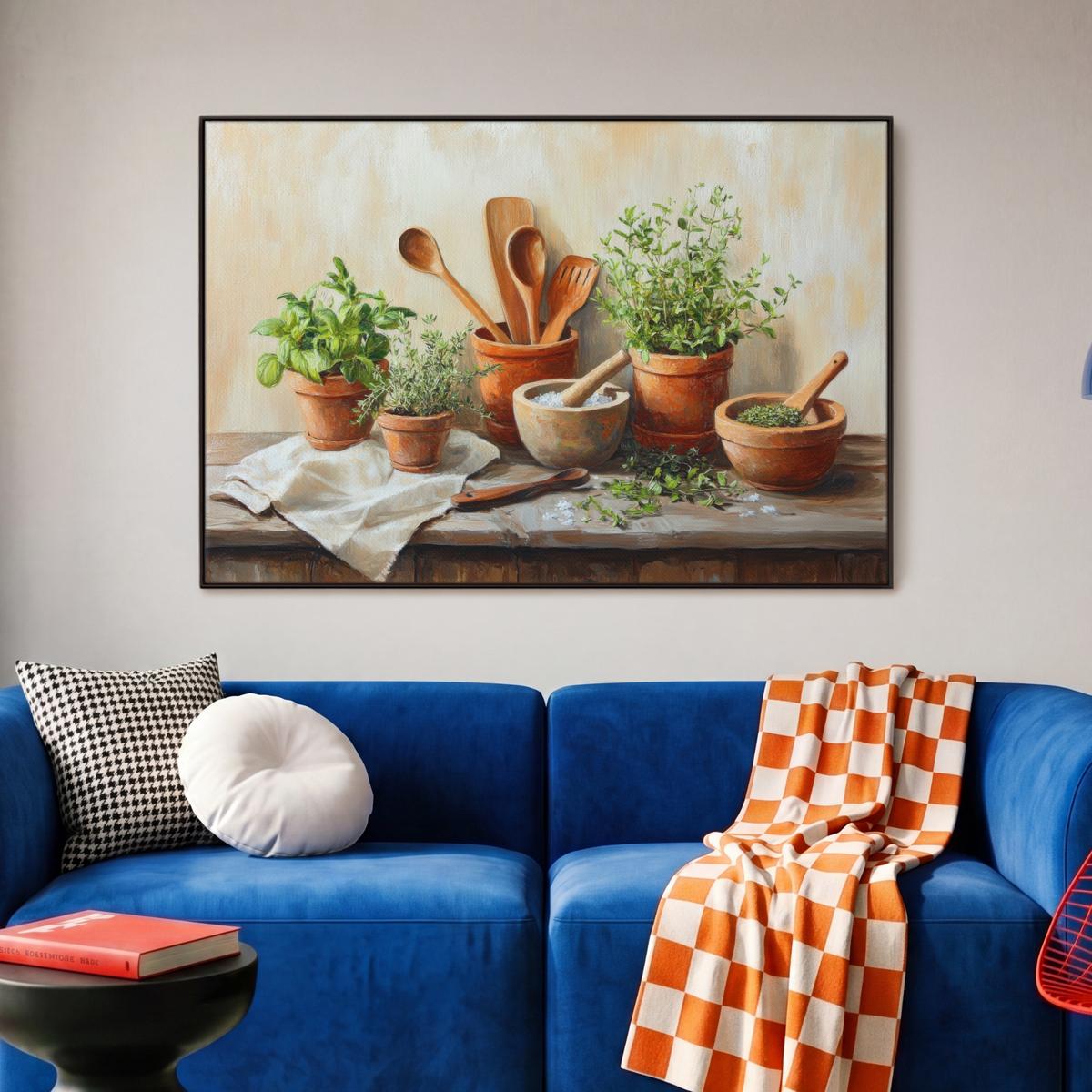 LEINWAND Bilder mit Rahmen - Töpfe - Kräuter - Holz - 90x60 - Terracotta, Textil (90/60cm) - MuchoWow