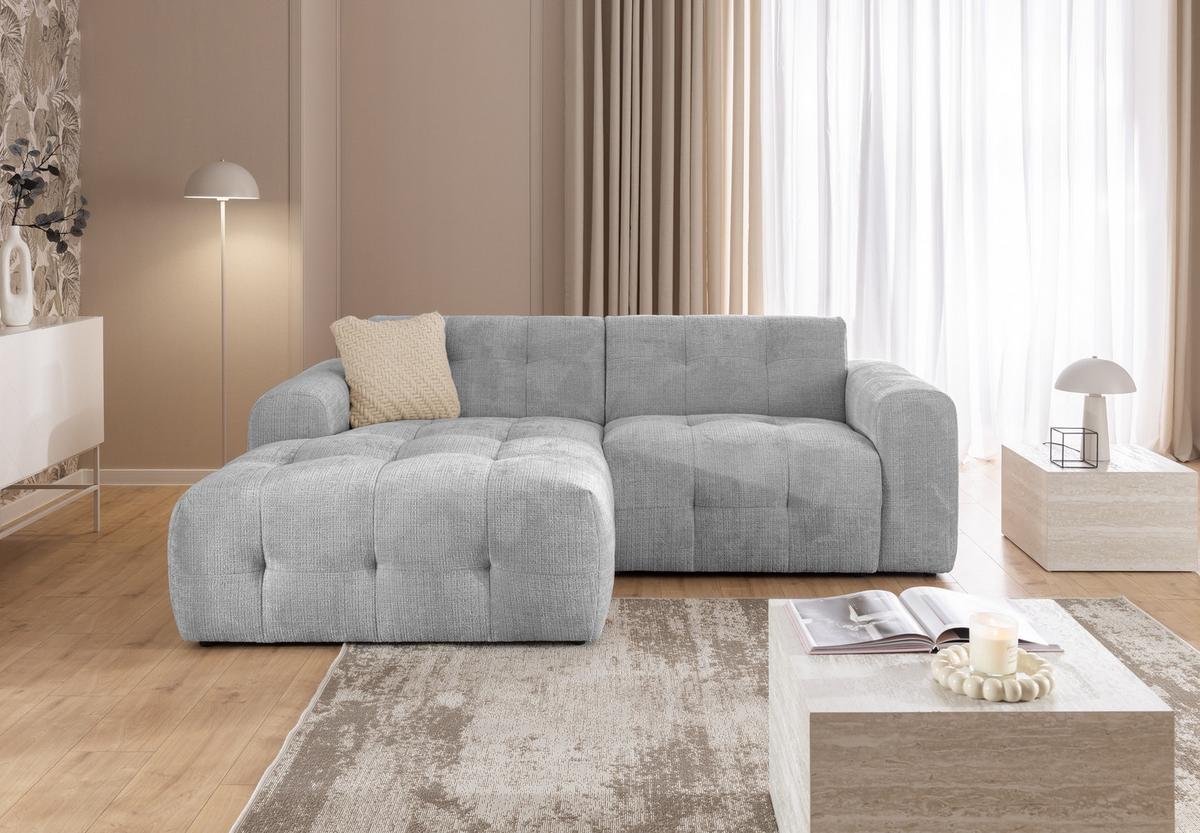 ECKSOFA mit Ottomane links, raffinierten Steppungen, Wellenunterfederung, B234/T161/H79 cm, Chenille-Bezug in Hellgrau / 21044 - Hellgrau/Schwarz, Kunststoff/Textil (234/79/161cm) - luma-home