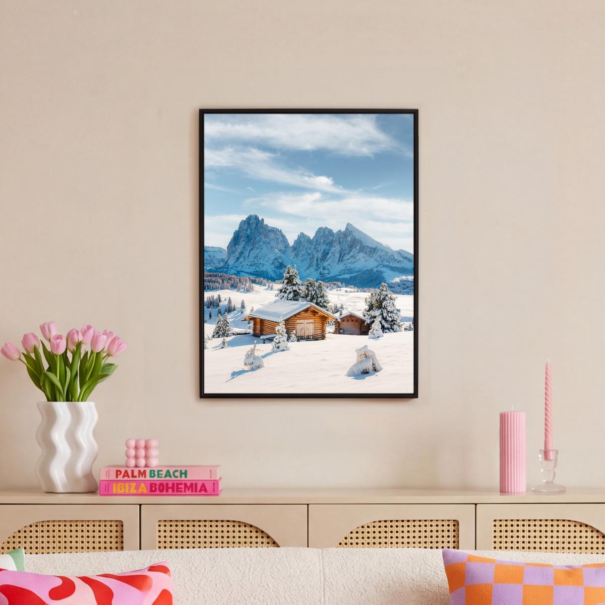 LEINWAND Bilder mit Rahmen - Winter - Hütte - Berge - Aussicht - Schnee - 60x80 - Eichefarben, Textil (60/80cm) - MuchoWow