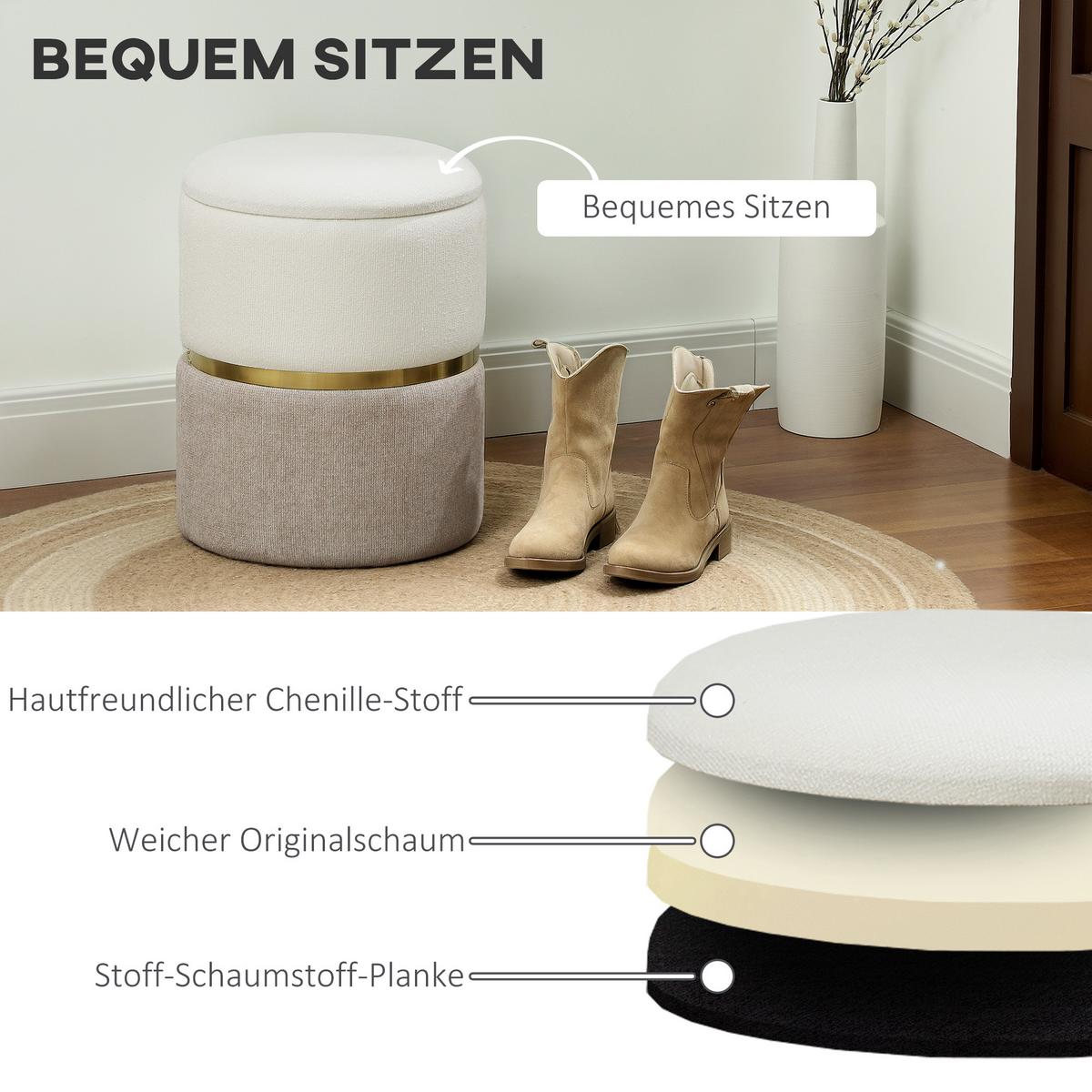 SITZHOCKER mit Stauraum Hocker mit Deckel, Metallring, zweifarbig Design Rund - Creme, Kunststoff (36/44/36cm) - HOMCOM