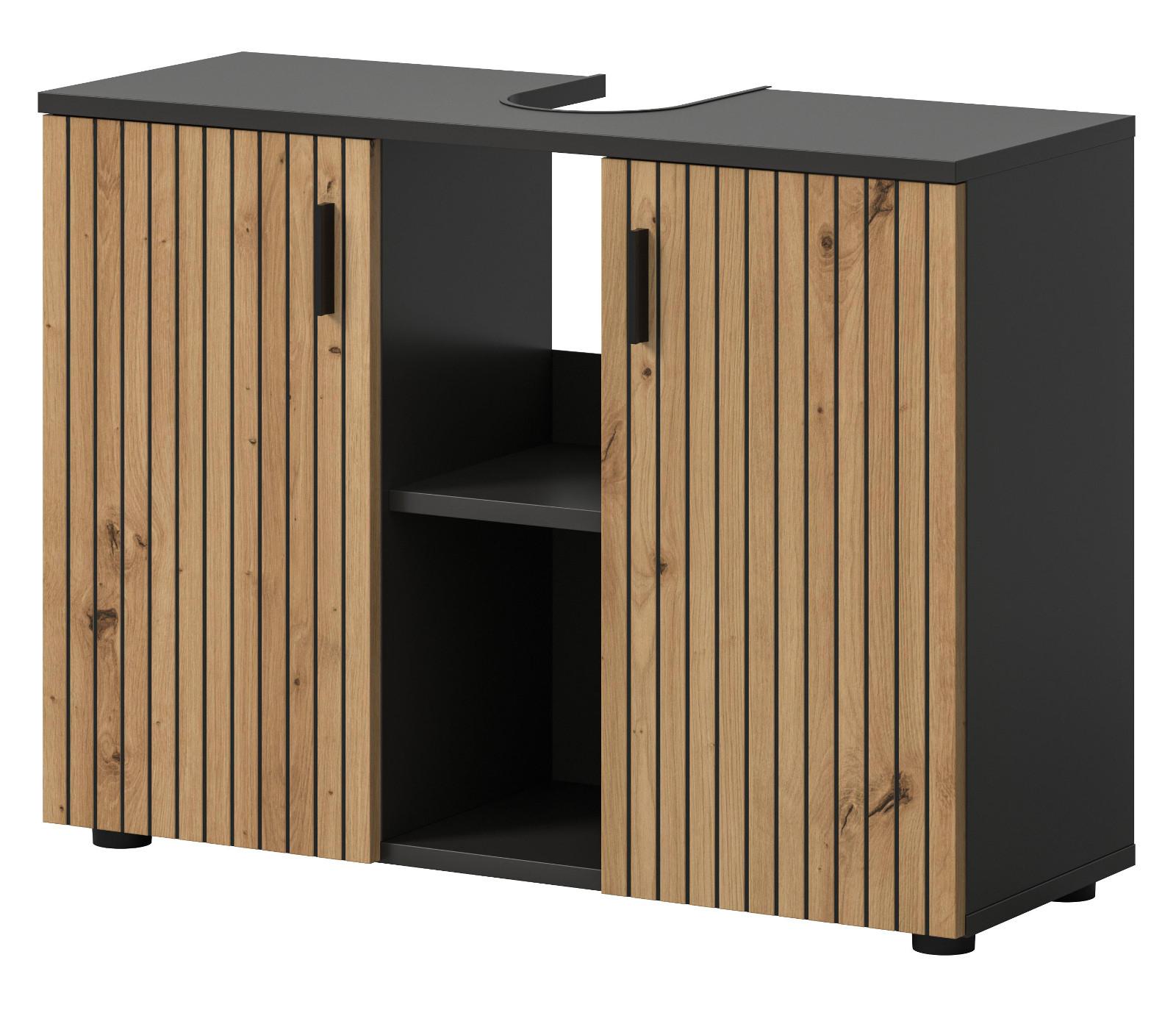 WASCHBECKENUNTERSCHRANK Eiche Artisan, grau 80 cm, Bad Unterschrank mit 6 Fächern, Leistenoptik - Schwarz/Eiche Artisan, Holzwerkstoff/Kunststoff (80/59/30cm) - Inn.Furn