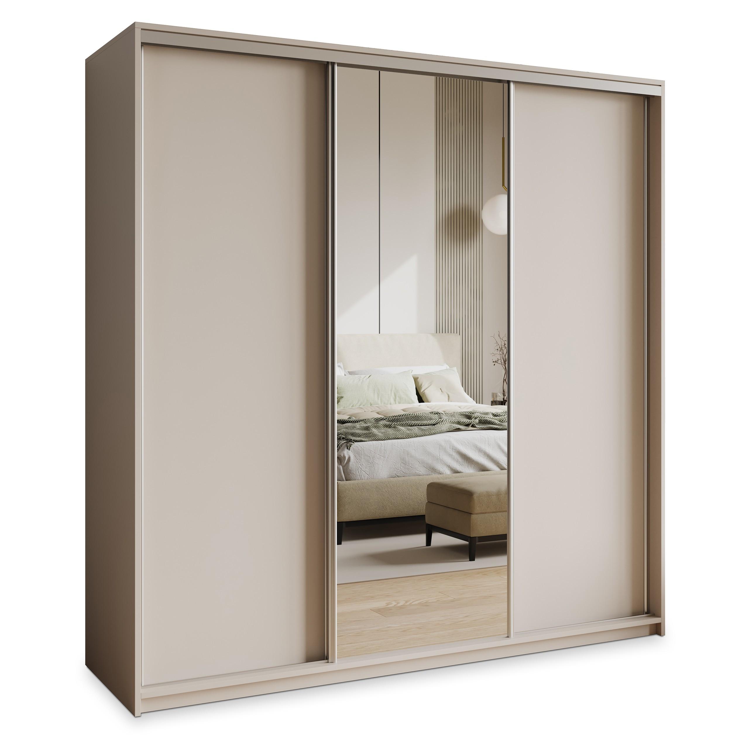SCHWEBETÜRENSCHRANK TAVI 180/205/60 cm 3-türig mit Spiegel und Schubladen Kaschmir - Kaschmir/Nickelfarben, Holzwerkstoff (180/205/60cm) - MASSENO