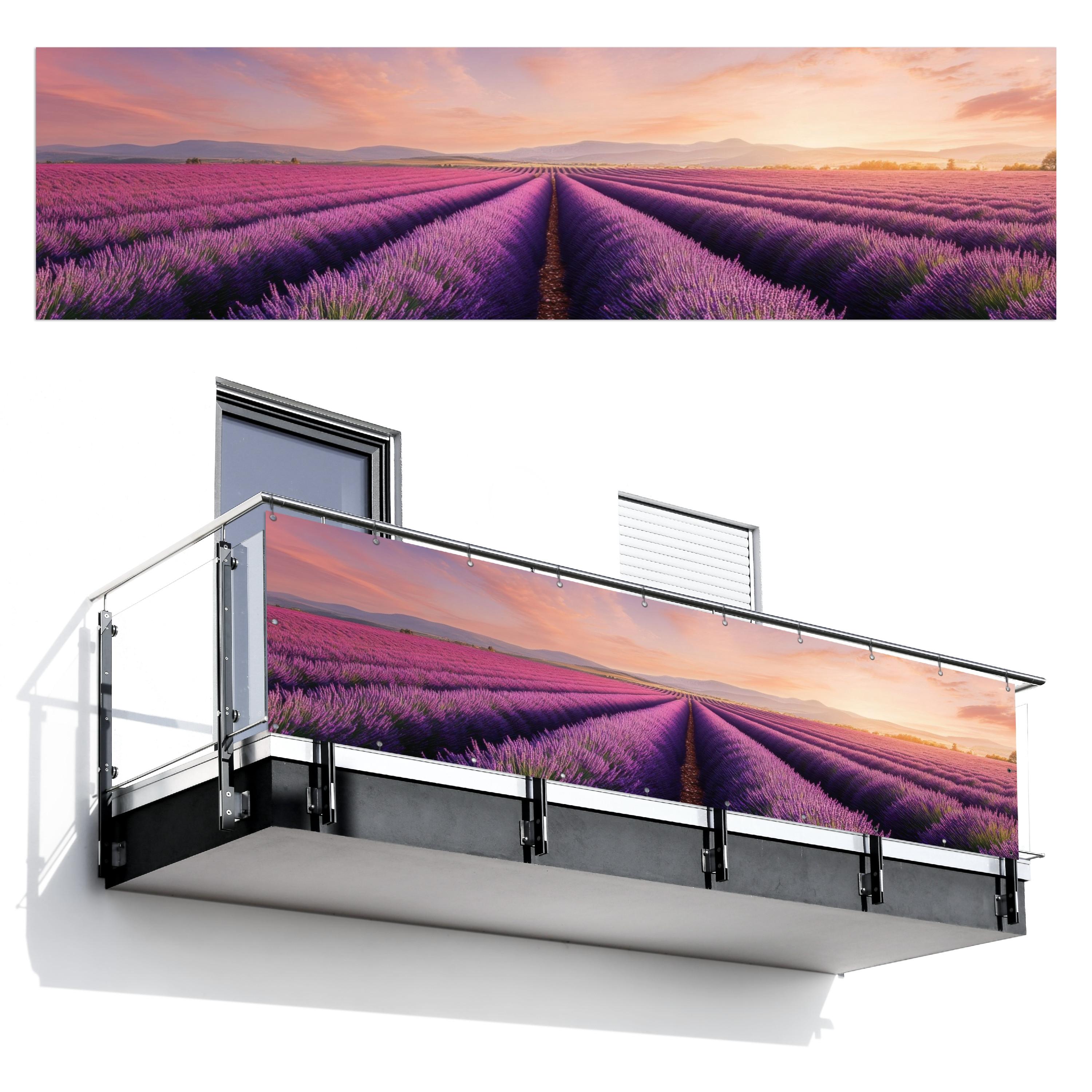 BALKON-SICHTSCHUTZ Lavendelfeld - Sonnenuntergang - Lila - Blumen Witterungsbeständig 300x80 cm - Violett, Kunststoff (300/80cm) - MuchoWow