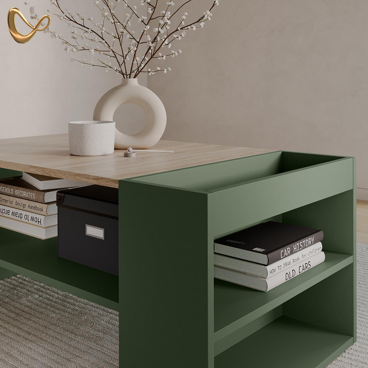 COUCHTISCH Piave Grün mit Regalen - Grün, Holzwerkstoff (55/100/42cm) - Livinity®