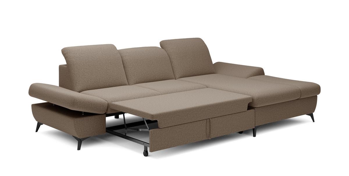 ECKSOFA FELICE R-S Braun Geflochtener Stoff mit Schlaffunktion - Braun, Holz (284/166cm) - MASSENO