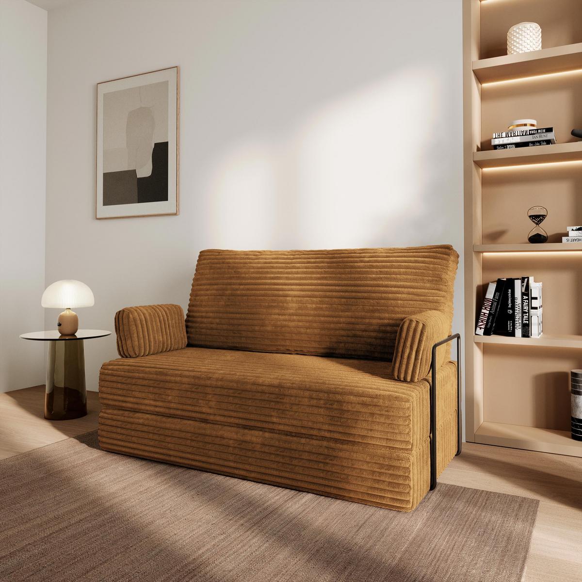 BETTSOFA LADIA aus Schaumstoff Kordstoff Orange Schlaffunktion - Orange, Textil (140/86/60cm) - MASSENO