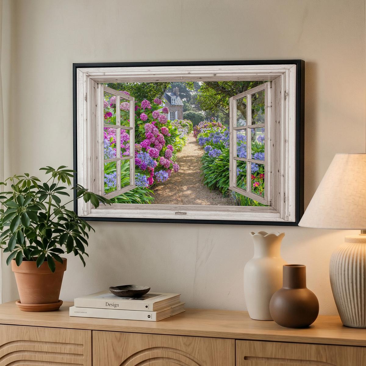 LEINWAND Bilder mit Rahmen - Hortensie - Durchsichtig - Blumen - Sommer - Lila - Weg - 60x40 - Lila, Textil (60/40cm) - MuchoWow